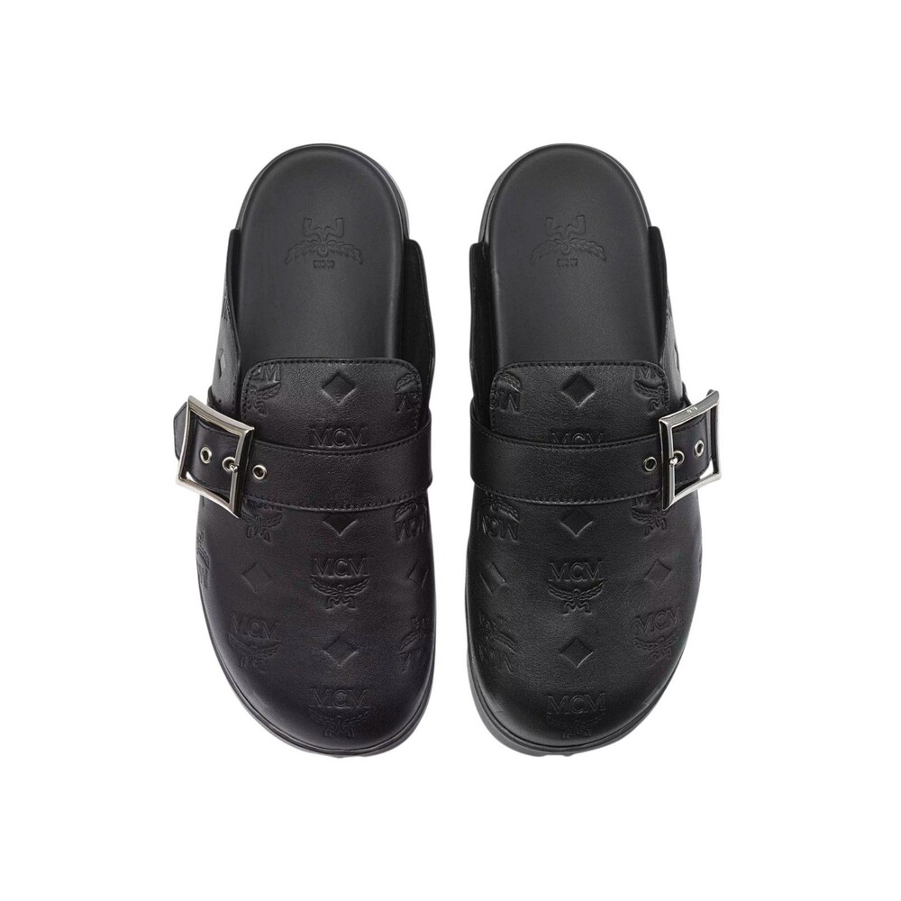 MCM Monogram Leather Flat Mules Black 7 US Men (40 EU) Women 9